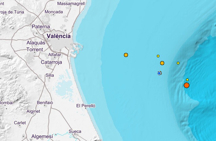 Set terratrémols en 24 hores davant la costa del Perelló i València